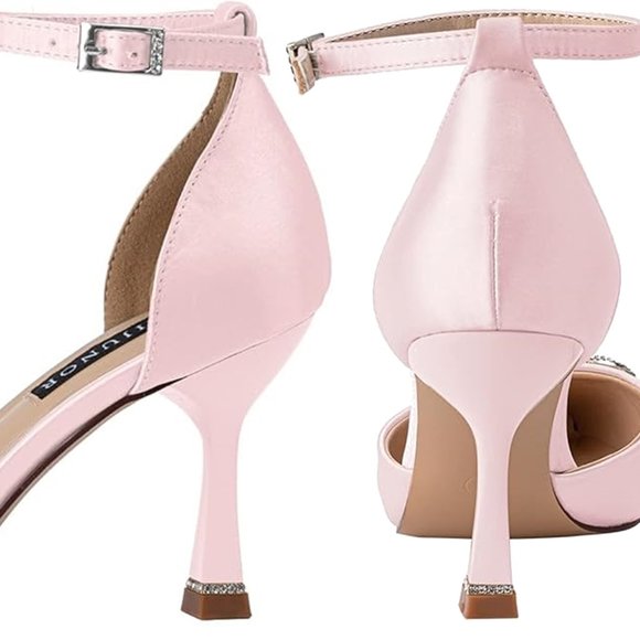 ERIJUNOR Pink Ankle Strap Satin Heels With Rhinestone Brooch  NEW IN BOX!!! - Picture 2 of 12